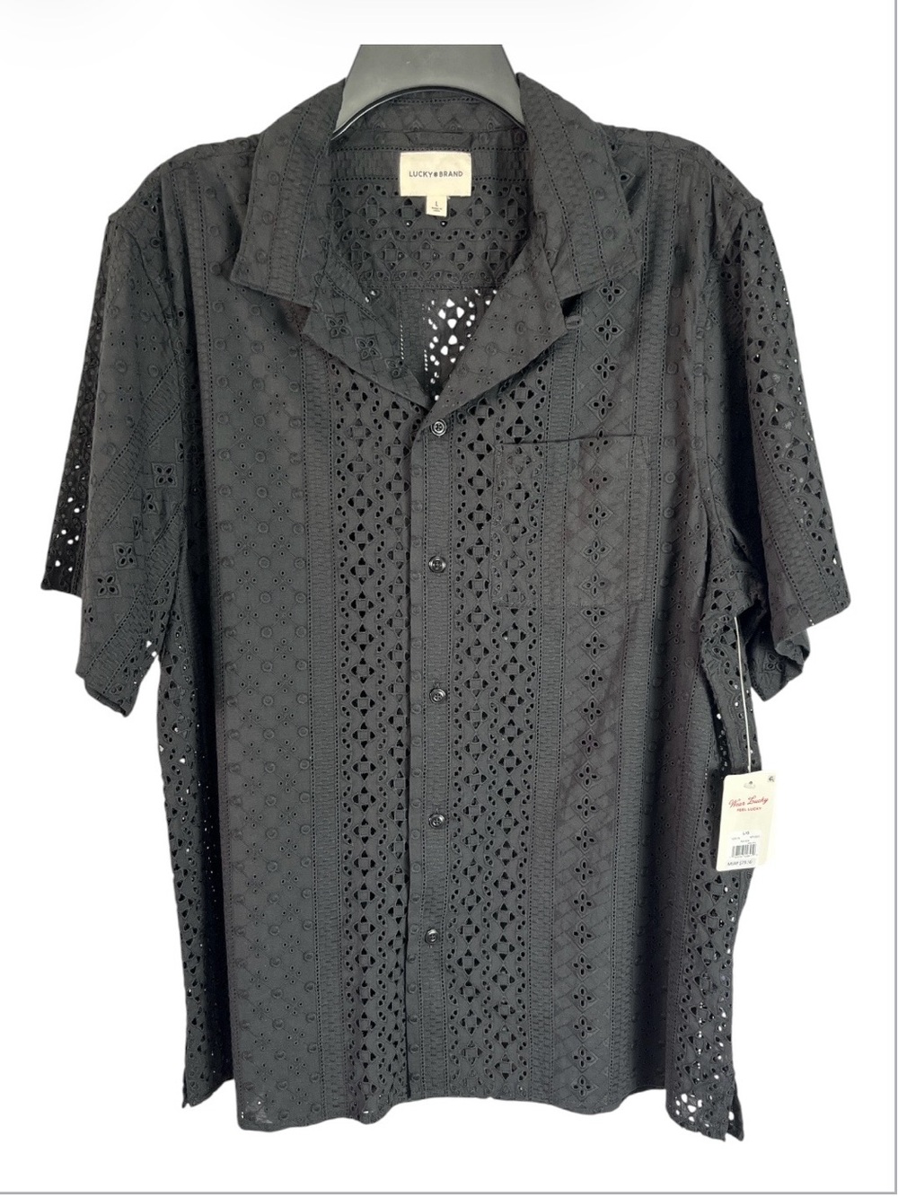 NWT Lucky Brand Mens Black Eyelet Short Sleeve Camp Shirt Size L